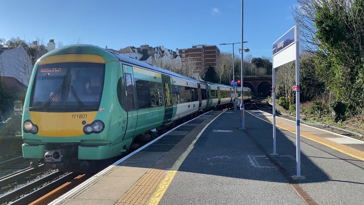 Southern 171801 Seen Arriving While Southern 377114 - 377449 Seen Departing Out Of Hastings 