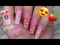 Strawberry pink drink gel nails tutorial  | ombre nails with crystals