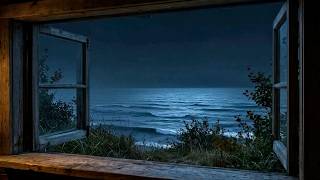 Ocean Window View at Night | Waves & Gentle Breeze Sounds for Sleep (4K, No Music)