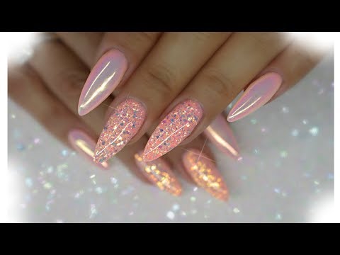 🍑HYBRID NAILS | ACRYLIC \ HARD GEL - PEACH GLITTER & UNICORN CHROME🦄