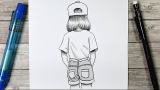 DESSINER UNE FILLE DE DOS QUI PORTE UNE CASQUETTE ET UN SHORT - TUTO DESSIN