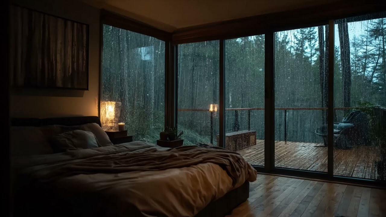 Heavy Rain Sounds for Sleep 🌧️ Mountain View Bedroom with Rain on Deck
