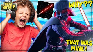 TROLLING ANGRY KID WITH *NEW* MYTHIC “DARTH VADER LIGHTSABER” IN FORTNITE! (Funny Fortnite Trolling)