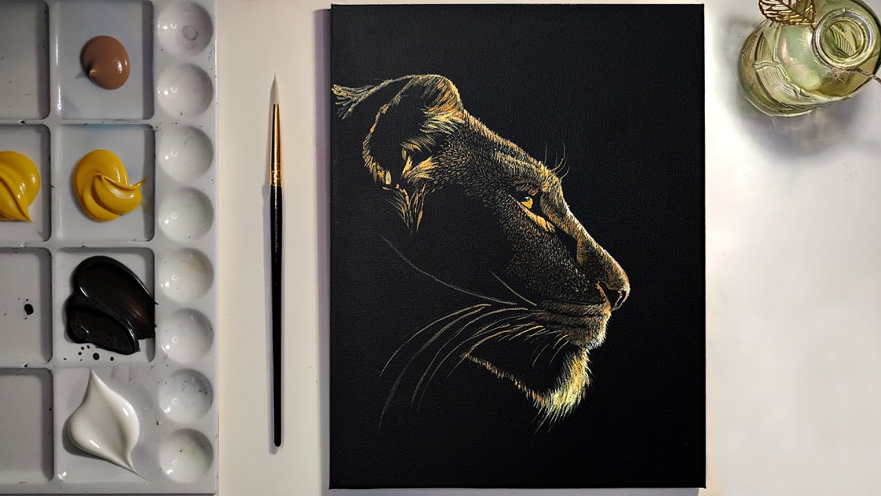 Easy Realistic Lioness Acrylic Painting on Black  | Step by Step Tutorial