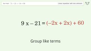 Solve 7x-21=-2x+60: Linear Equation Video Solution | Tiger Algebra