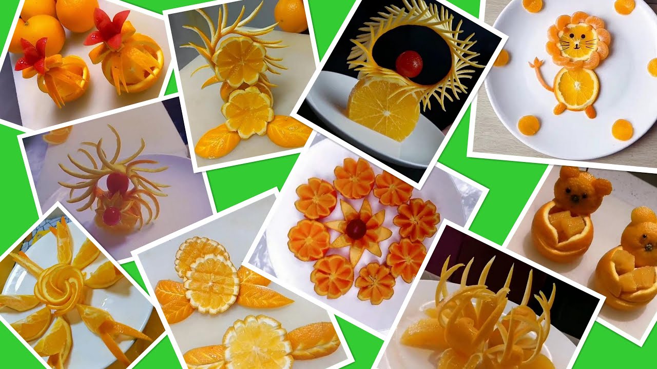12 Arten zum Schneiden von Orange Mandarine Blumen,  Obstschnitzgarnitur. How to cut an orange.