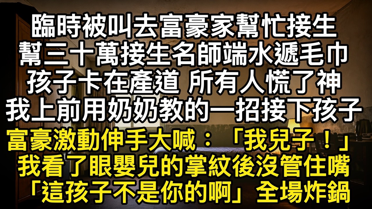 臨時被叫去富豪家幫忙接生 幫三十萬接生名師端水遞毛巾 孩子卡在產道 所有人慌了神 我上前用奶奶教的一招接下孩子 富豪激動伸手大喊:「我兒子!」 我看了眼嬰兒的掌紋後「這孩子不是你的啊」#書林小說