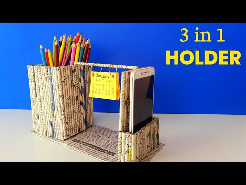 how to make newspaper pen holder ,how to make mobile phone holder, 3 in 1 pen mobile calendar holder