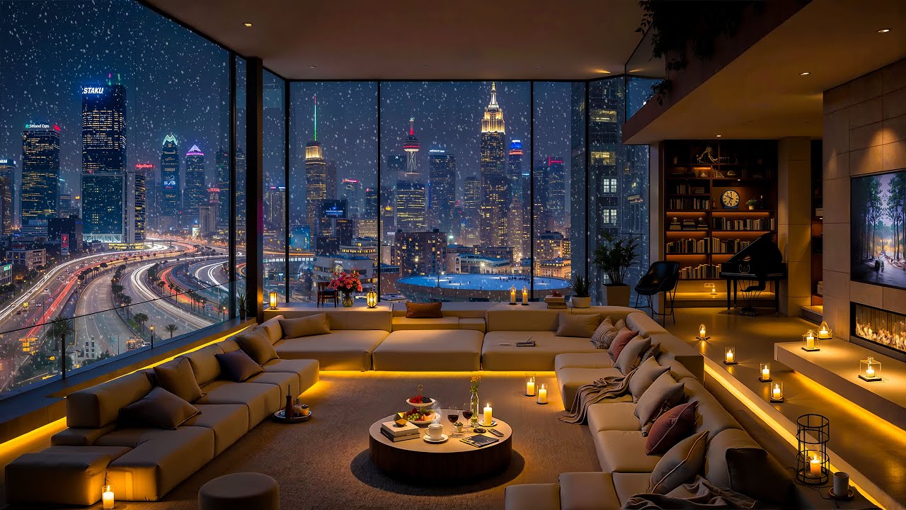 4K Luxury Apartment Ambience with Cozy Winter Night ❄ Soothing Jazz Piano Music for Relaxation