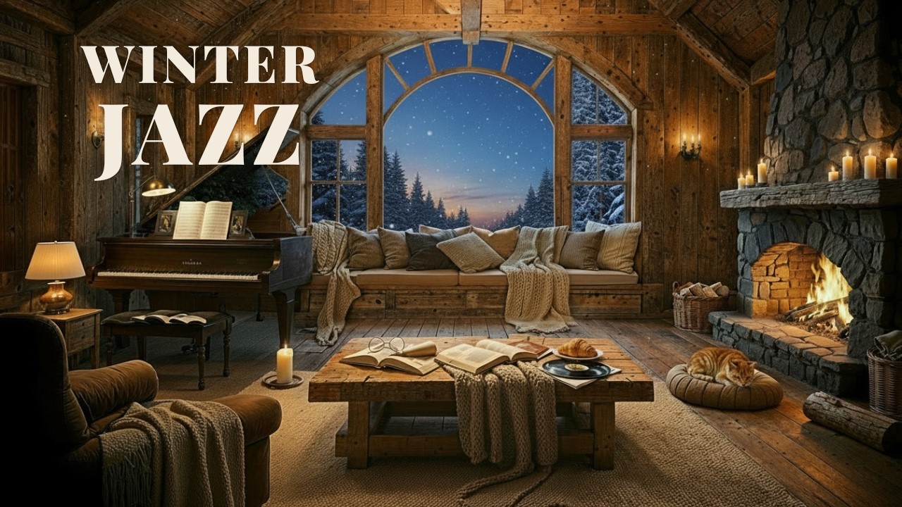 Blue Hour Winter Jazz ❄️ Cozy Fireplace Piano Ambience for Relaxing & Study