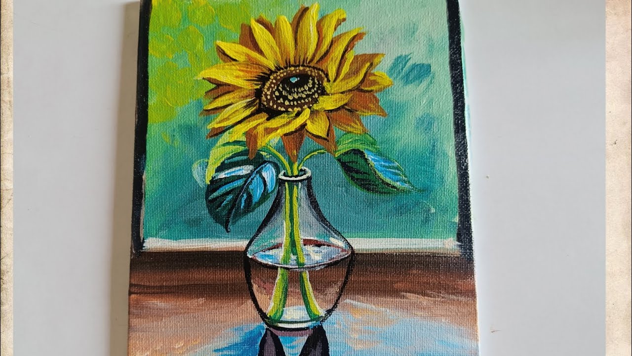 How to paint sunflower in a glass vase acrylic painting - YouTube