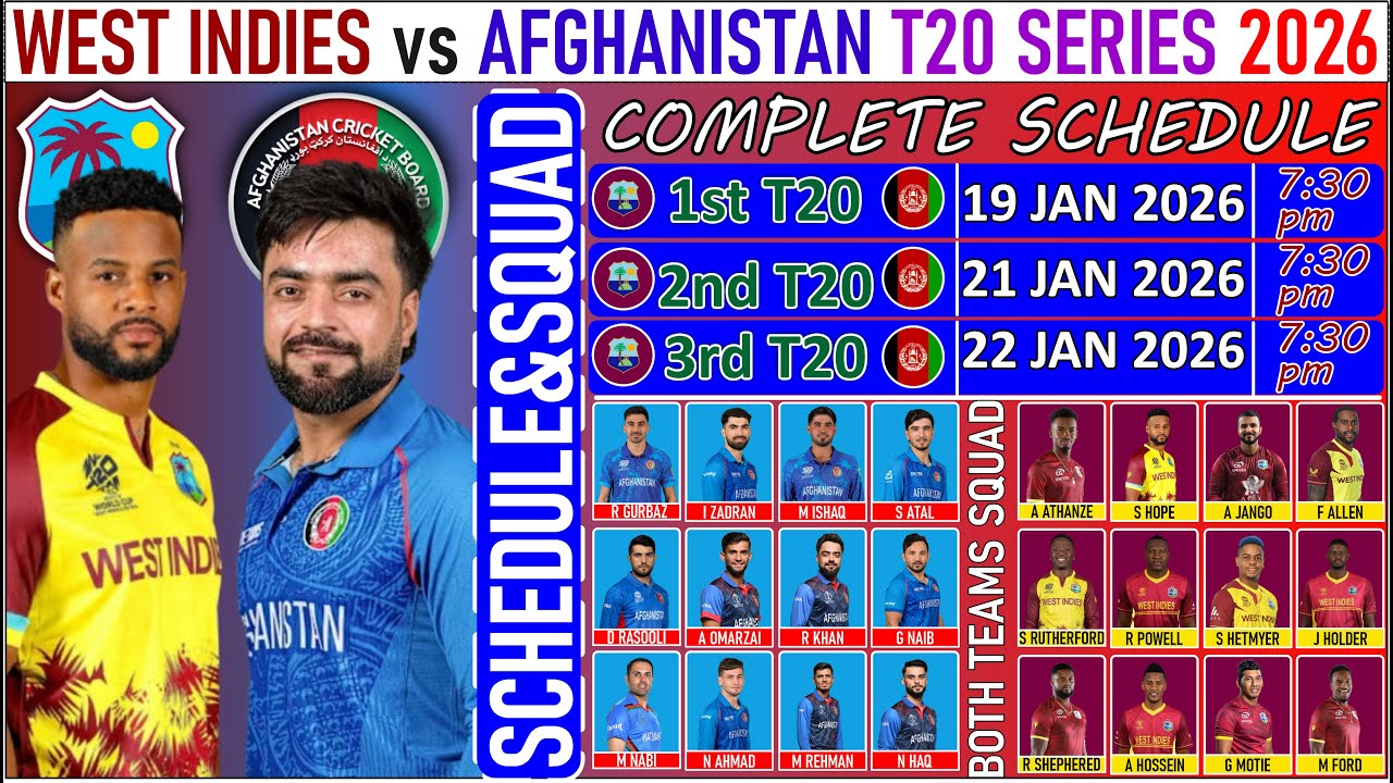 Afghanistan vs West Indies T20 series 2026 complete schedule or both teams final squad|Afg vs wi