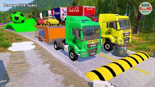 Double Flatbed Trailer Truck vs speed bumps|Busses vs speed bumps|Beamng Drive|524