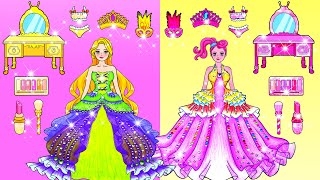 Paper Dolls Dress Up - Yellow Vs Pink Princess Costumes Dress Up & Makeup - Barbie Story & Crafts