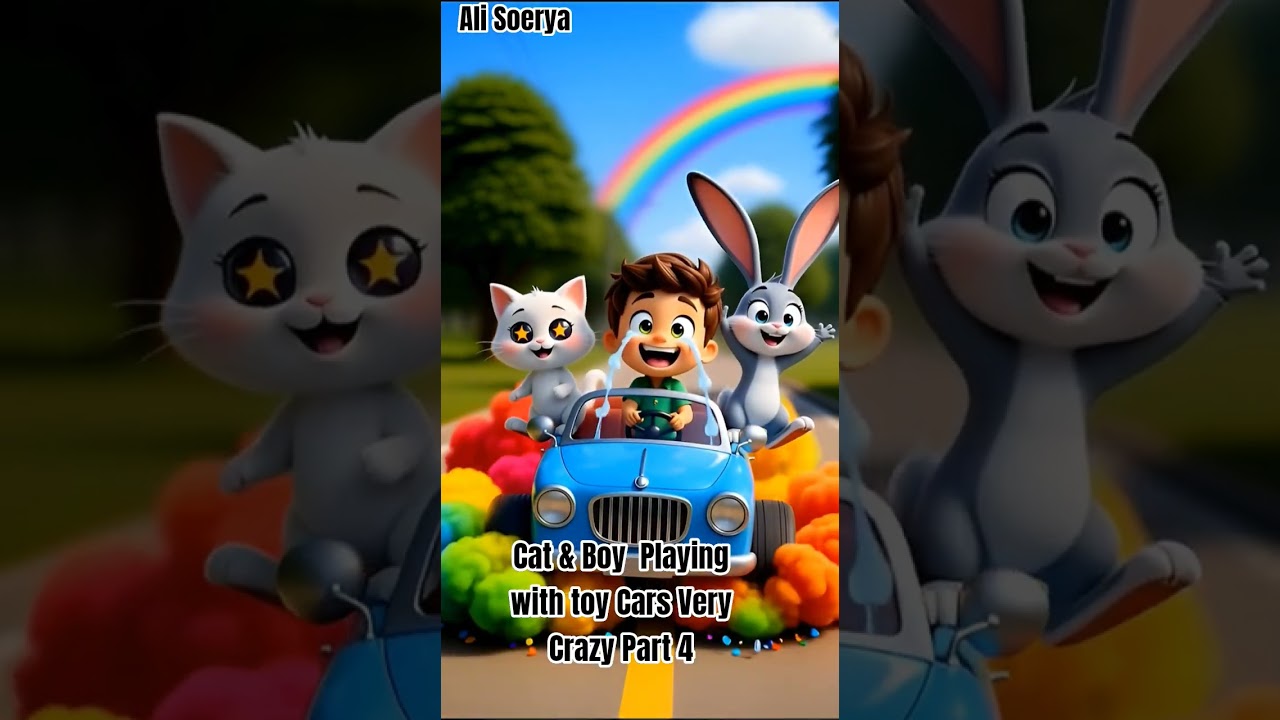 Cat and boy playing with toy cars very crazy Part 4 