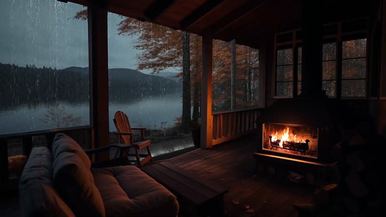 Rainy Day Cabin Porch by the Lake: Cozy Fireplace Ambiance for Deep ...