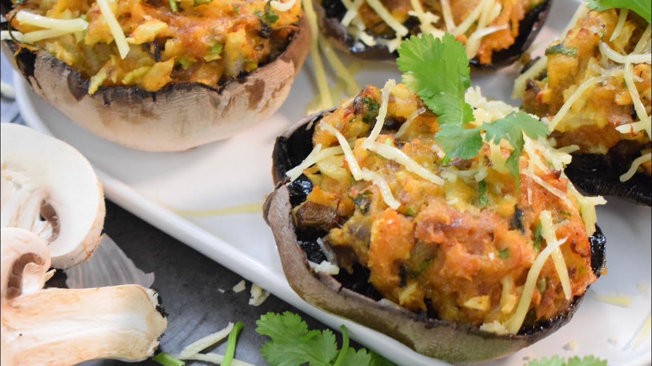 Cogumelos recheados com alheira