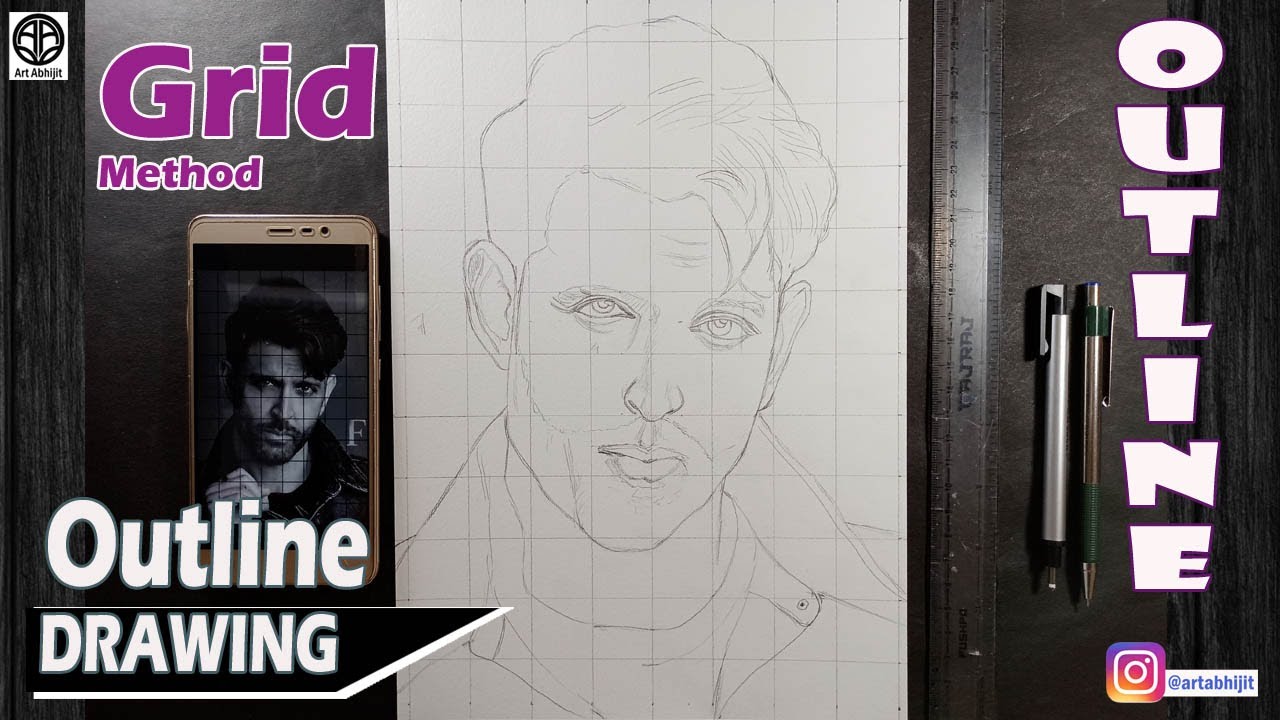 Outline drawing of Hrithik Roshan using Grid Method || How to draw ...