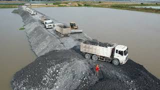 Awesome Heavy Dump Truck and SHANTUI Bulldozer HD17C2 Working to Constructs New Road across River