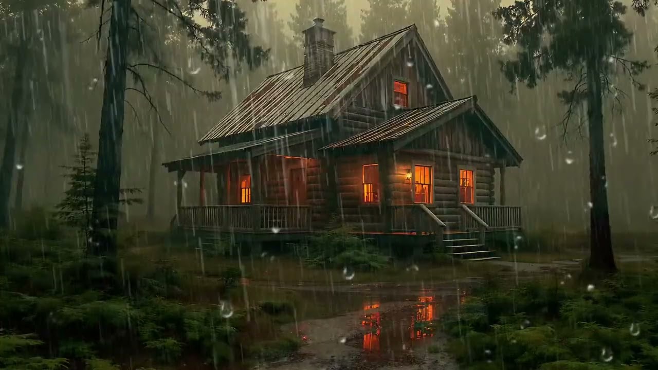 Cozy Cabin Night Rain | Soft Thunder All Night Sleep Ambience