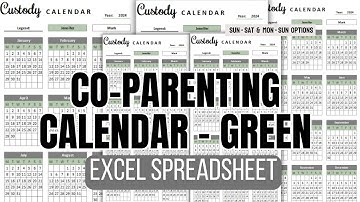 Co-Parenting Calendar Spreadsheet  - Green (Excel)
