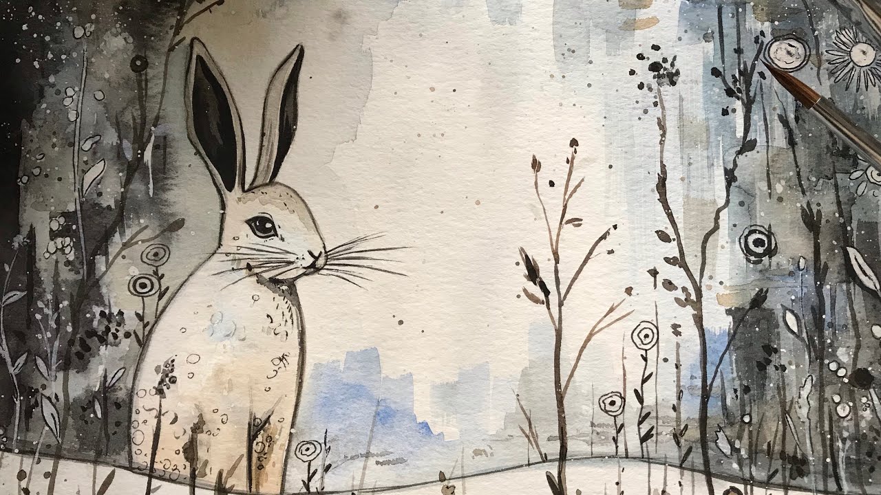 Watercolor Winter rabbit. Paint with me - YouTube