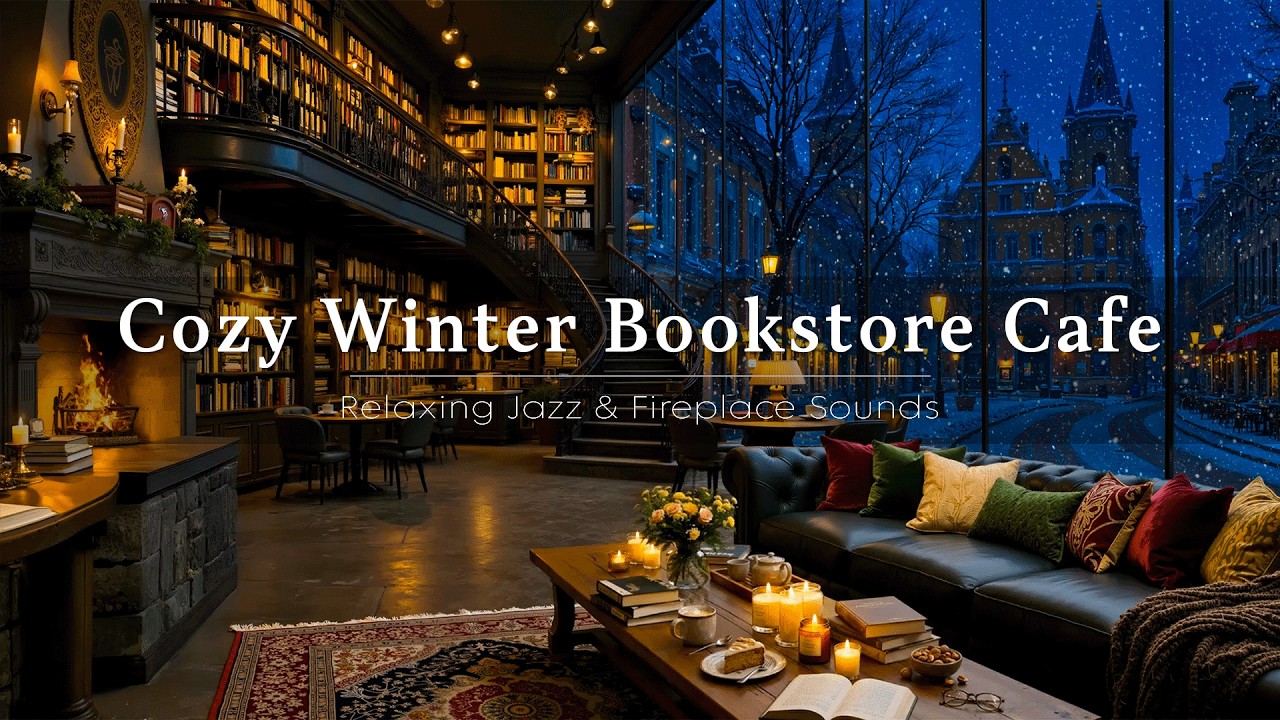 Cozy Winter Bookstore Cafe Ambience with Snow Falling ☕ Soft Jazz & Fireplace Sounds for Study, Read