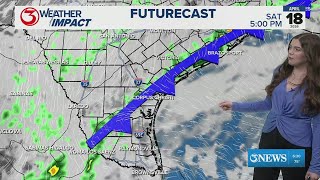Showers move in this afternoon as a cold front arrives