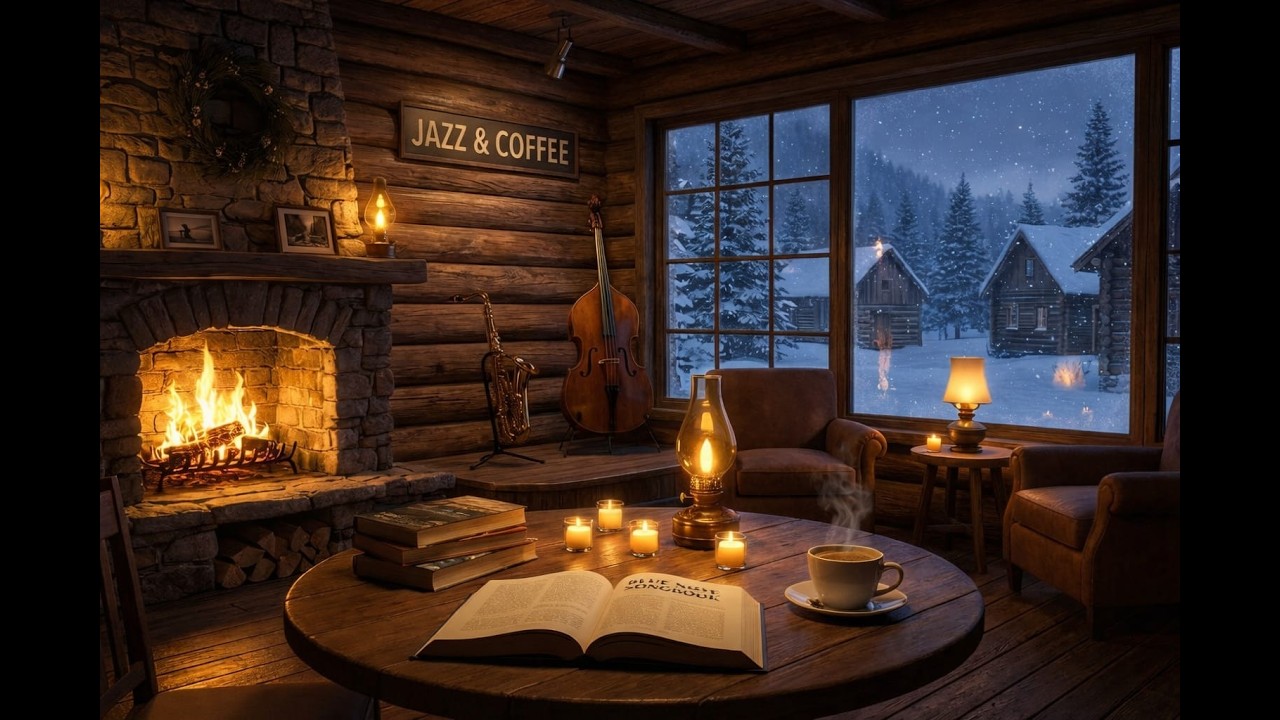 Peaceful Snowy Café ☕❄️ Relaxing Jazz Music & Fireplace Sounds for Focus & Study