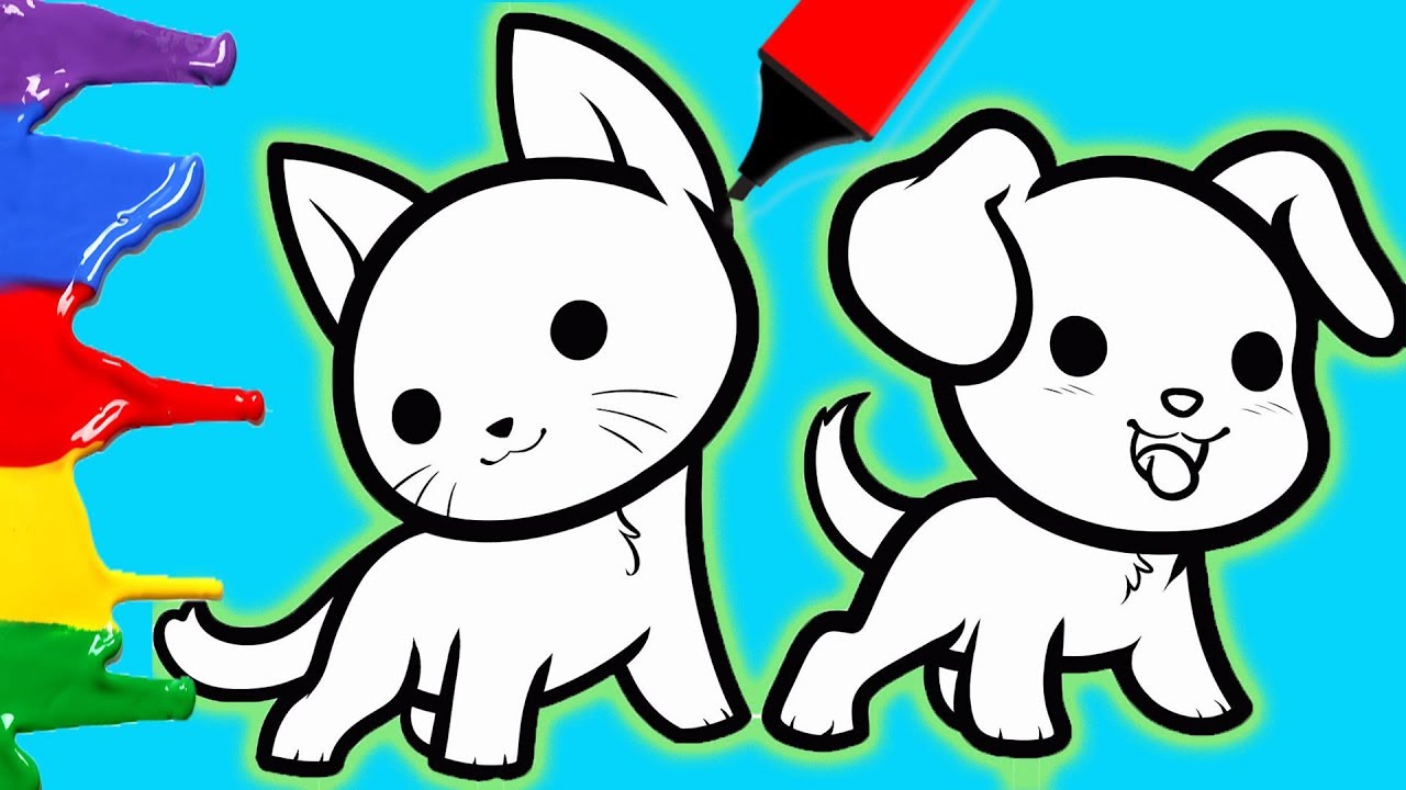 How To Draw Cute Cat And Dog Easy Coloring Animals For Kids Learn Art Easy Tutorials Youtube