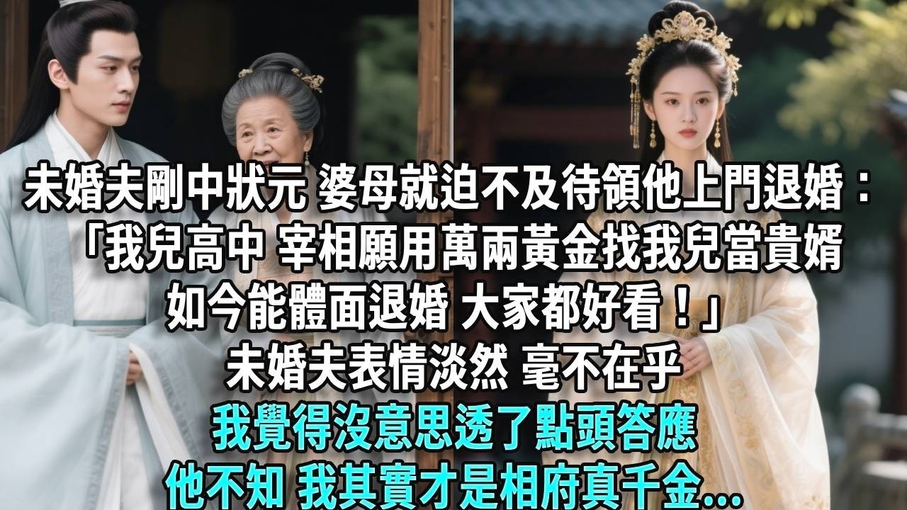 未婚夫剛中狀元，婆母就迫不及待領著他上門來退婚：「我兒高中，宰相願用萬兩黃金找我兒當貴婿，如今能體面退婚，大家都好看！」未婚夫表情淡然，毫不在乎，我覺得沒意思透了點頭答應，他不知，我其實才是相府
