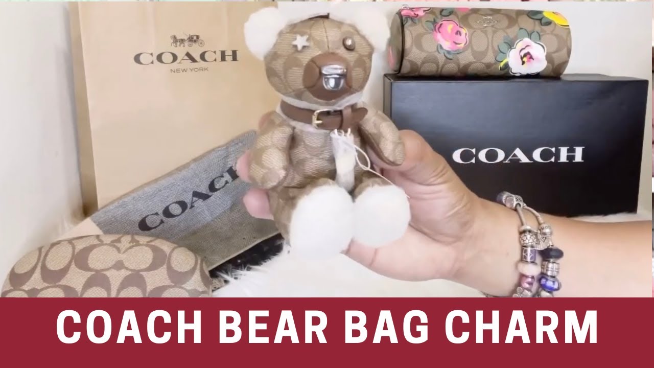 COACH BEAR BAG CHARM IN SIGNATURE CANVAS V BACK TO BRIGHT BEAR COLLECTIBLE  WITH VINTAGE ROSE PRINT