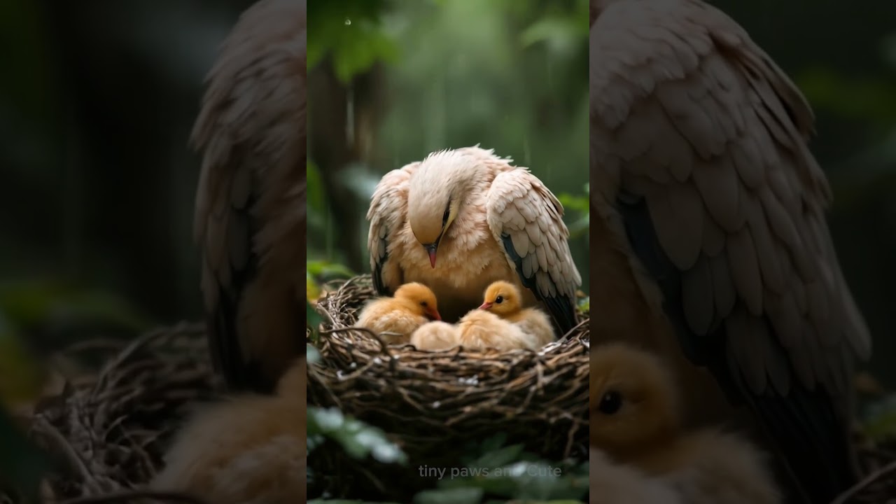 Dove Mother Shelters Her Chicks from Storm 
