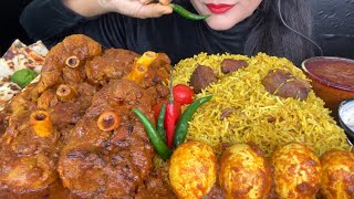 ASMR EATING MUTTON BIRYANI,MUTTON ROGAN JOSH,EGG CURRY RICE,RAITA,GREEN CHILLI *FOOD VIDEOS*