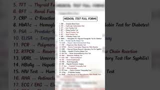 Medical Test Full Forms #ytshorts #gkfacts #fullfrom #doctors