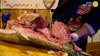 Great !!  Popular Japanese style Tuna cutting show / 숙대 마구로 &amp; 참치 해체쇼 / Korean street food