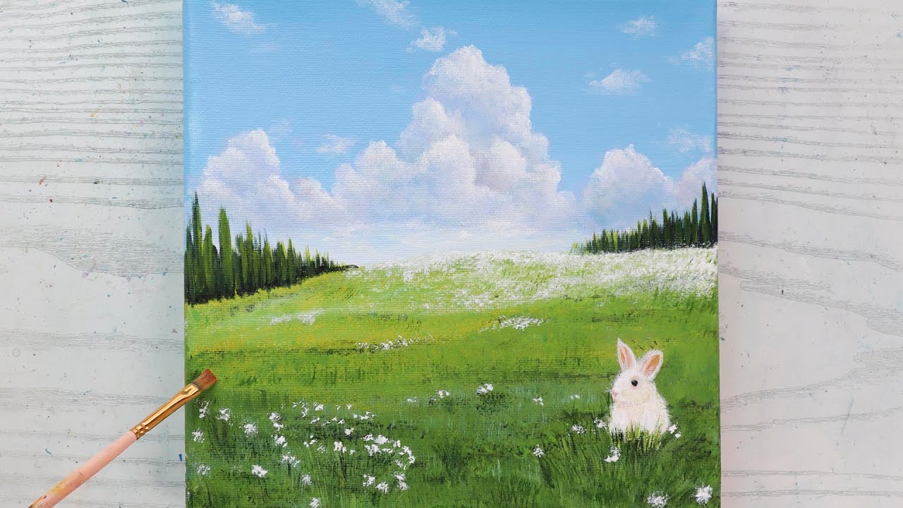 How to paint cute Bunny in the Green Meadow / acrylic painting idea for ...