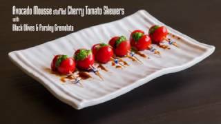 Easy Avocado stuffed Cherry Tomato Skewers with Black Olives & Parsley Gremolata
