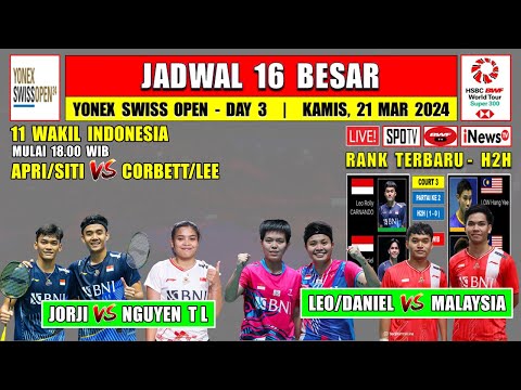 Jadwal 16 Besar Swiss Open 2024 Hari Ini ~ JORJI vs VIETNAM ~ BAKRI vs TAIPEI ~ 11 Wakil Indonesia