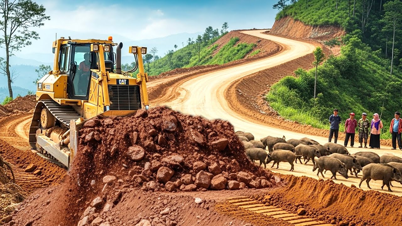 Powerful CAT D6R Bulldozer Building a Bright Mountain Road | Smooth Earthmoving in Daylight