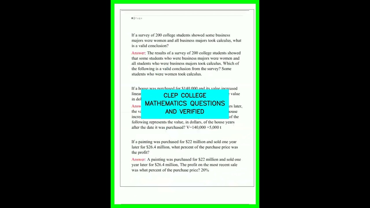 CLEP COLLEGE MATHEMATICS QUESTIONS AND VERIFIED video