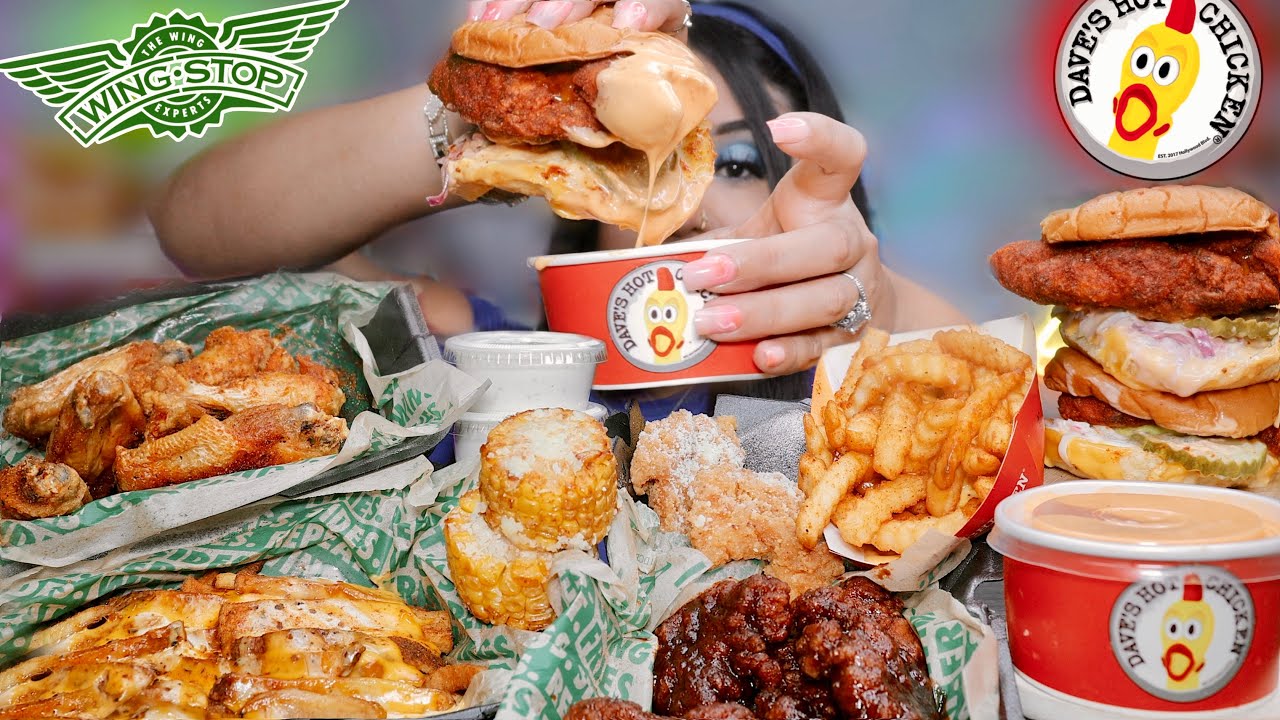 ASMR MUKBANG EATING DAVE'S HOT CHICKEN CRISPY SLIDERS WINGSTOP VOODOO FRIES BONELESS WINGS RANCH