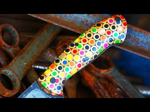 A KNIFE HANDLE MADE FROM COLORED PENCILS [Trollsky Knifemaking]