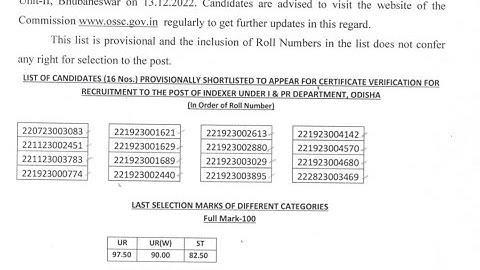 OSSC Indexer List Of Candidates Provisionally Short To Appear For Certificate Verification