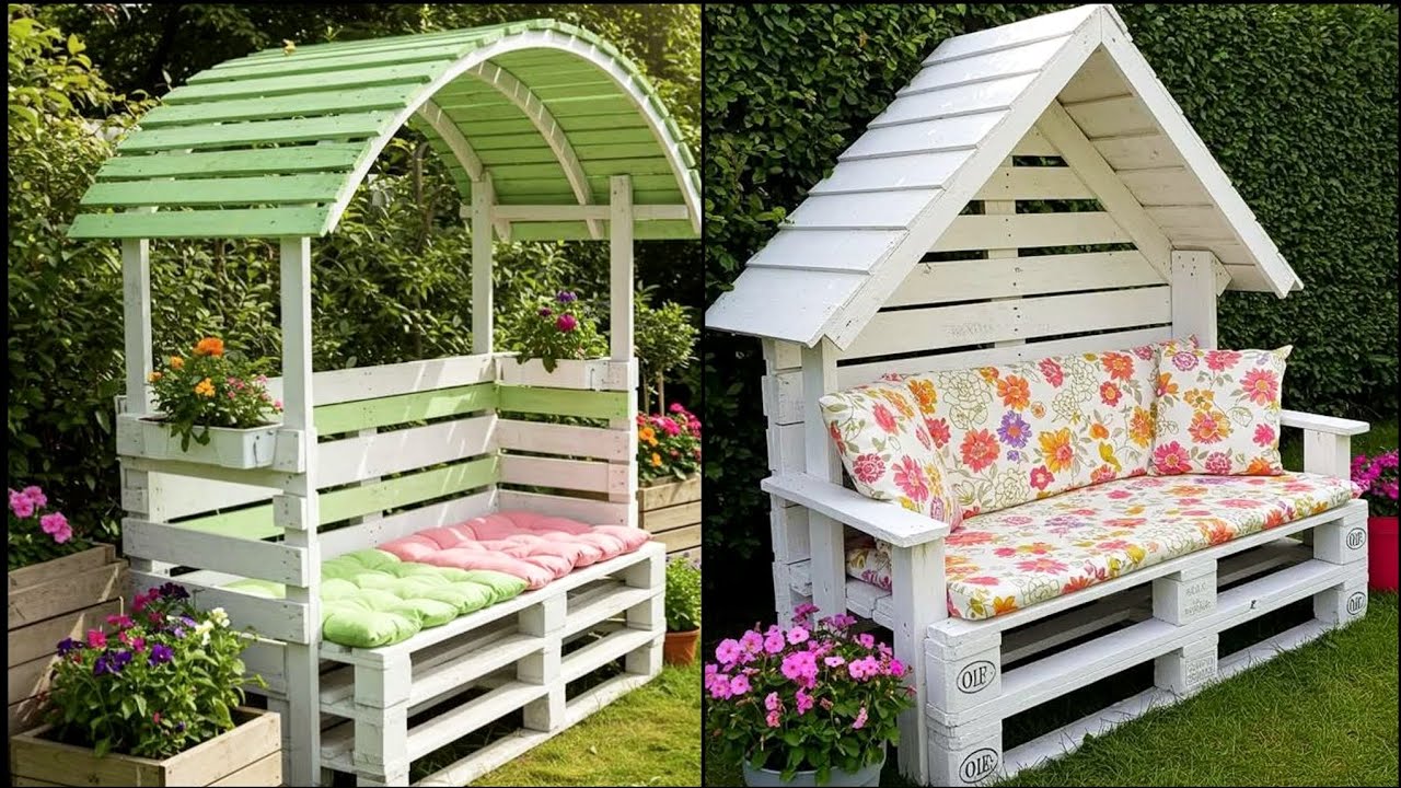 Garden Pallet Sofa Ideas | DIY Wooden Bench Seating with Roof Design 2025🌿