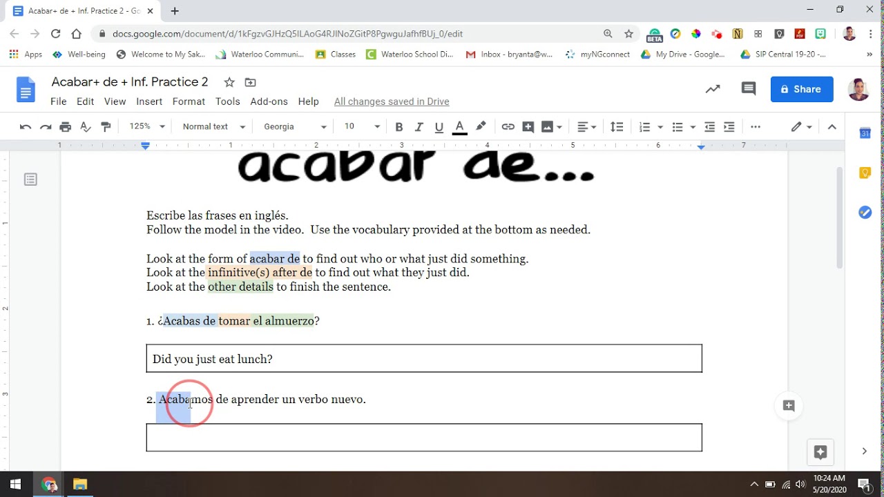 Acabar + de + Infinitive Practice 2 Instructions YouTube