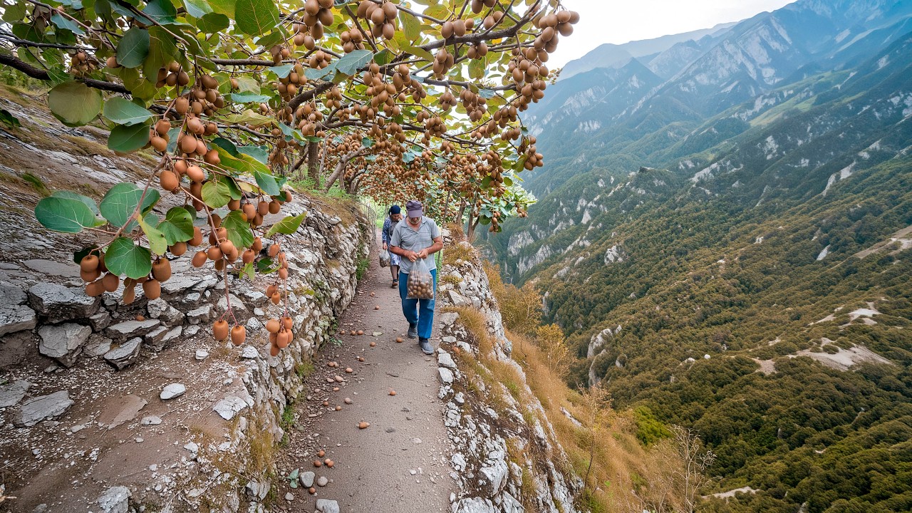 Опасное 5-километровое путешествие по горам для пожилой пары, чтобы собрать 50 кг киви.