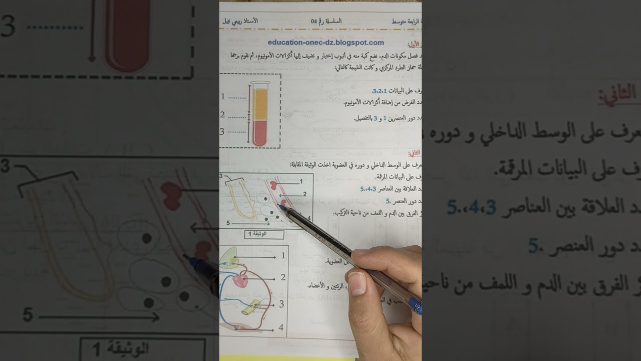 العلاقة بين الدم و اللمف و السائل البيني تمرين نموذجي سنة رابعة متوسط
