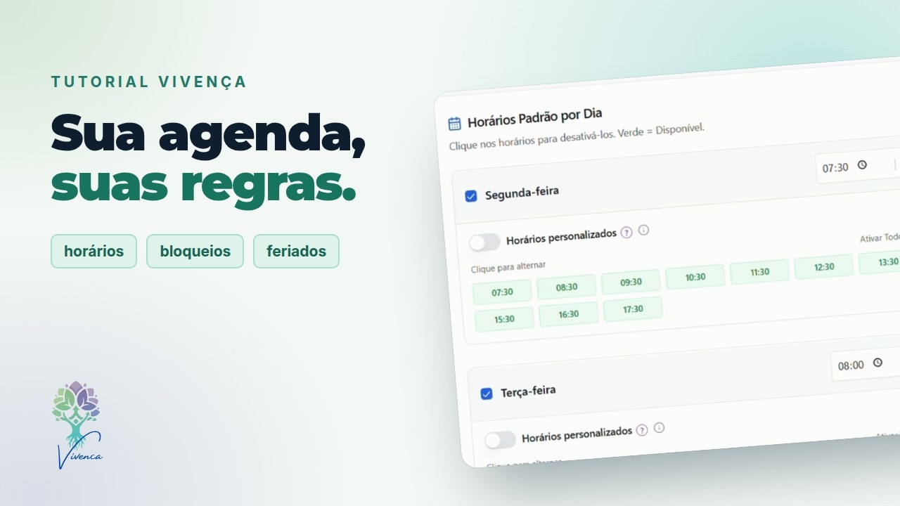 Tutorial em vídeo: Sua agenda, suas regras: horários, bloqueios e feriados