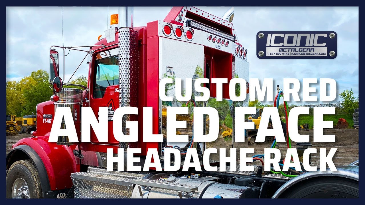 Custom Angled Face Headache Rack with RED Body & Mirror Stainless Steel Doors.